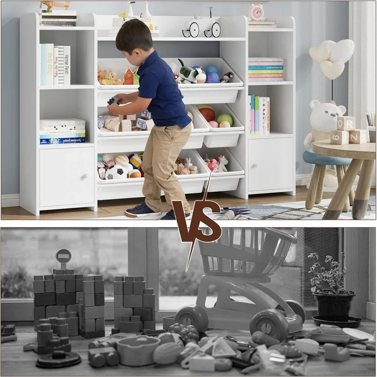 Homfa Spielzeugtruhe, Kinderregal Bücherregal Spiegelregal mit 8 Boxen weiß 138 x 29 x 94 cm – Bild 4