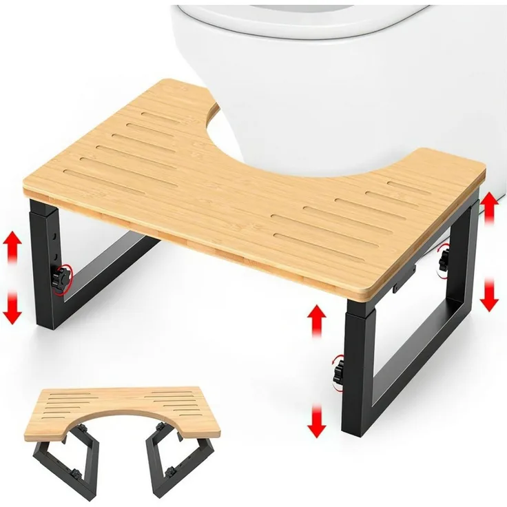 HEYHIPPO Tritthocker Klappbarer Toilettenhocker Höhenverstellbarer Fußhocker Holzfarbe (Stabiler und tragbarer Toilettentritthocker mit geringem Platzbedarf, Ein Tritthocker), Rutschfester Fußhocker für Erwachsene und Kinder aus Bambus