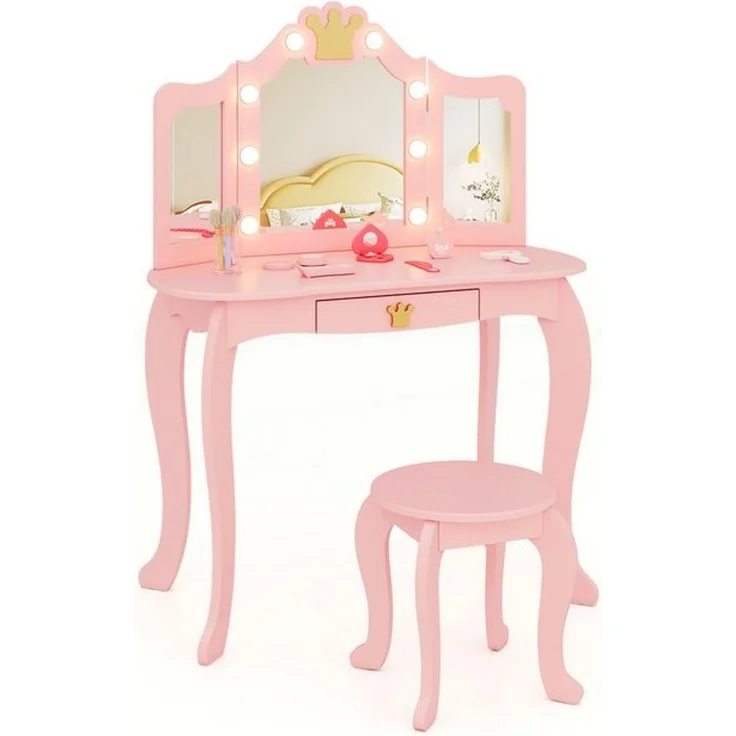 COSTWAY Schminktisch Kinderschminktisch mit Hocker, mit LED Beleuchtung – Bild 4