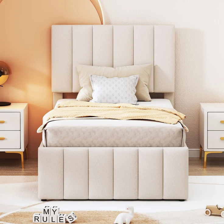 Polsterbett 90x200 cm mit Rollbett und Stauraumschubladen, hautfreundliche Leinenpolsterung, flaches Einzelbett, Kinderbett, Jugendbett, Gästebett (Beige) – Bild 4