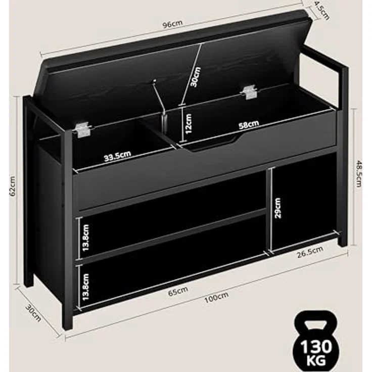 IRONCK Schuhbank mit Sitzfläche, Sitzbank mit Stauraum, Schuhschrank, offene Fächer, Metall Rahmen, Kunstleder, 130kg belastbar, Schuhregal für Eingang,Flur,Wohnzimmer,Schlafzimmer (Schwarz) – Bild 3