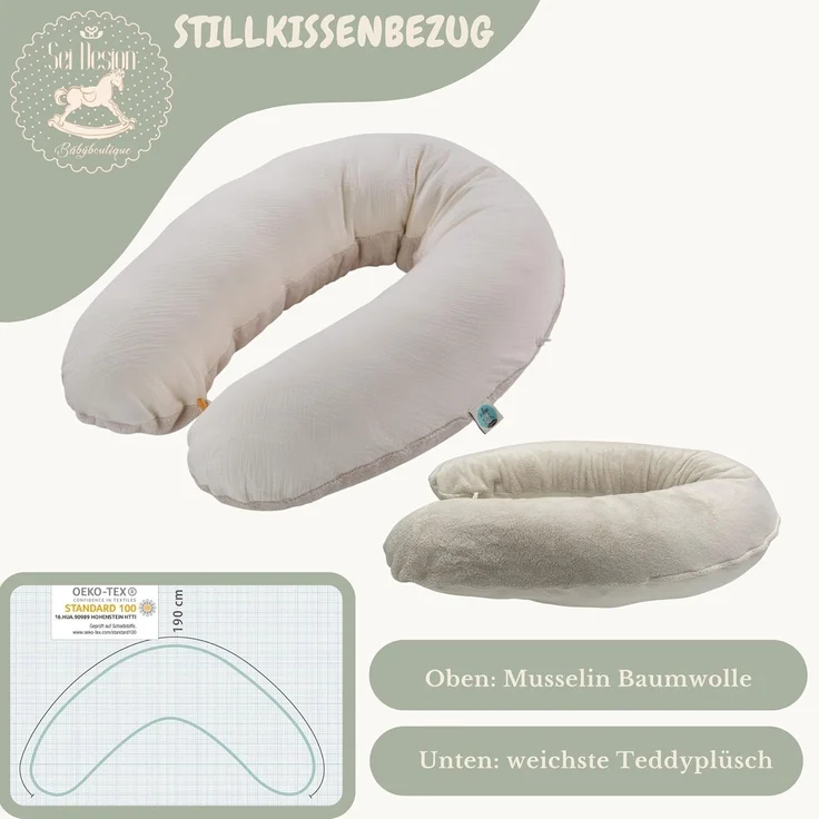 sei Design Musselin Stillkissen XXL 190x30 Öko-Tex Seitenschläferkissen | Ergonomisches Schwangerschaftskissen Lagerungskissen | Bezug aus Musselin [Baumwolle] & Teddyplüsch – Bild 7
