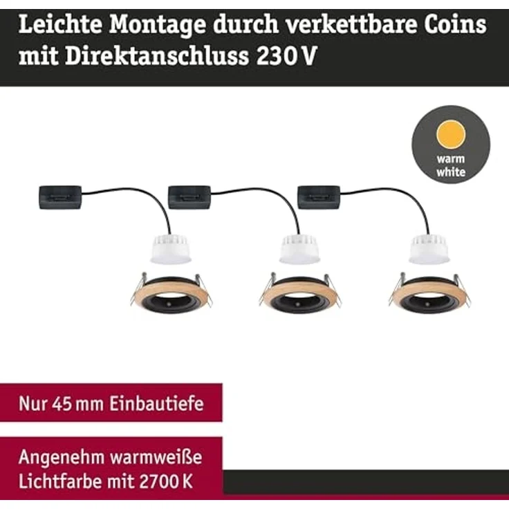 Paulmann 92237 LED Einbauleuchte Lanati 3er-Set schwenkbar 2700K Holzoptik Schwarz – Bild 4