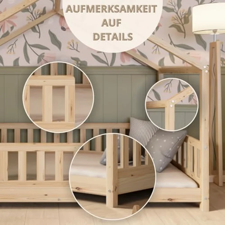 Crazy Pine 'Crazy House' Hausbett mit abnehmbaren Rausfallschutz, Naturholz, Natur, 90x200 cm, mit Höhenverstellbaren Beinen – Bild 10
