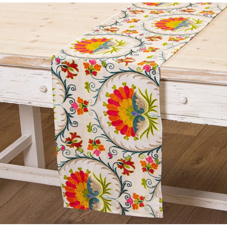 DRW Rechteckiger Tischläufer aus Samt mit Blumen und 33 x 180 cm