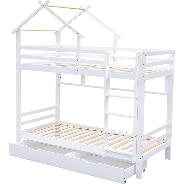 Etagenbett 90x200 cm, Haus-Design in Weiß mit Schubladen, Regalen & Sicherheitsgittern, ohne Matratzen – Bild 8
