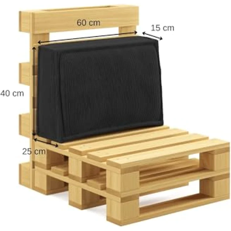 chilly pilley® Palettenkissen Palettenauflagen aus Cord für EU-Paletten - Abnehmbarer Bezug - Sitzkissen - Rückenlehnenkissen viele Farben (Seitenkissen 60 x 40 x 25/15, Schwarz) – Bild 3