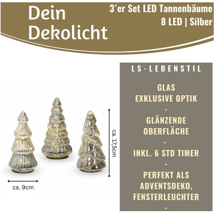 LS-LebenStil Lichterkette 3 Glas Tannenbaum 8 LED 15cm Silber Set Weihnachtsbaum Beleuchtet Time, 8-flammig, Xmas Dekolicht Fensterdekoration Weihnachtsbeleuchtung Weihnachtsdeko – Bild 2