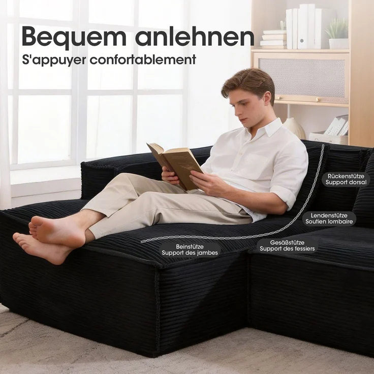 LVHOM Ecksofa 2 Sitzer, Modulares Sofa 235 cm breit, L-Form Sofa mit 2 Kissen, Schlafsofa aus Cordstoff, kein Aufbau erforderlich, Schwarz – Bild 5