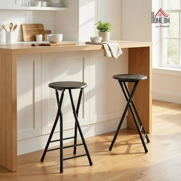 HOMCOM Barhocker mit Stahlgestell doppelter Fußstütze (Küchenstühle, 2 St, Klappbar Barstuhl), für Küche, Wohnzimmer, Esszimmer Schwarz – Bild 2