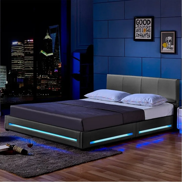 HOME DELUXE 'ASTEROID' LED Bett, Kunstleder Dunkelgrau, 140x200 cm