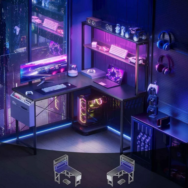 BBWL Computertisch mit LED-Beleuchtung 110 x 80 x 75 cm, Schreibtisch mit 2 Ablagen, PC-Halter, Stofftasche & 2 Montagemöglichkeiten – Bild 3