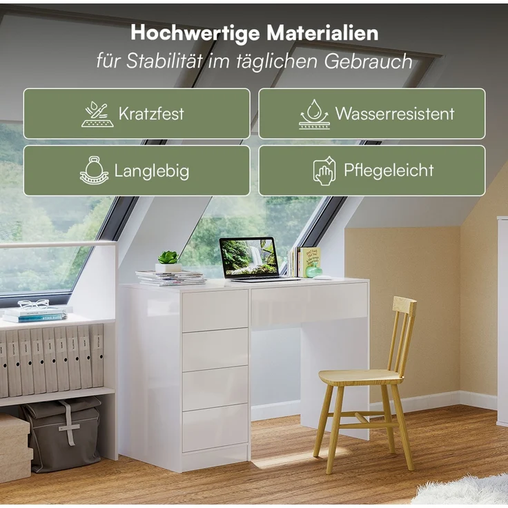 Bellamio 'Livny' Schreibtisch mit 5 Schubladen, beidseitig montierbar, weiß Hochglanz, 80x53x110 cm, Computertisch mit Stauraum, Bürotisch mit Push-to-open, geeignet als Schminktisch – Bild 5
