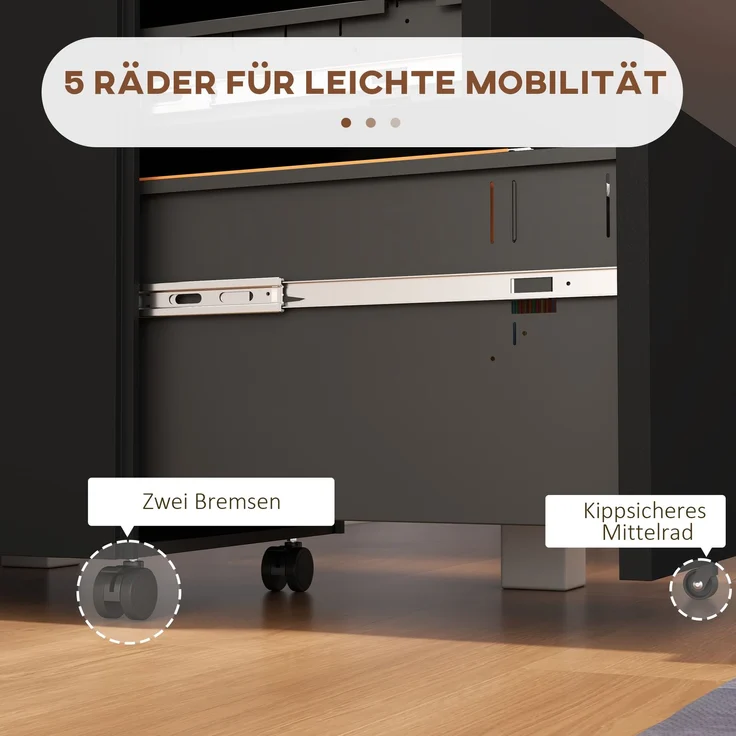 Rollcontainer Aktenschrank, 3 Schubladen, abschließbar, Rollbar, 37 cm x 43,5 cm x 60 cm, Schwarz--Schwarz--60x43.5x37cm--YOUDENOVA – Bild 9