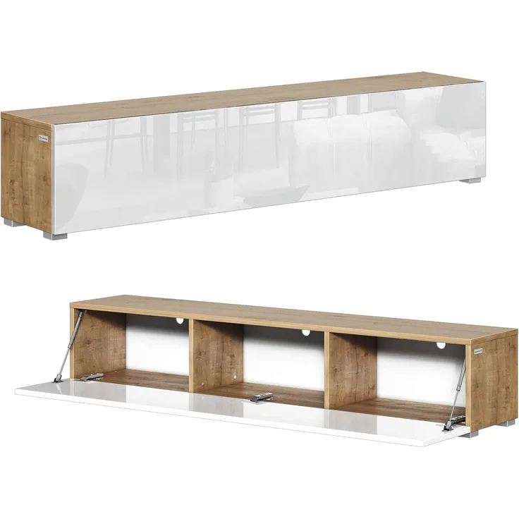 PLATAN ROOM Fernsehschrank TV-Lowboard 105/140 / 160/210 / 280 In Eiche Weiß Hängend Oder Stehend Hochglanz Matt (160 x 30 x 32, Eiche Gold/Weiß Hochglanz)