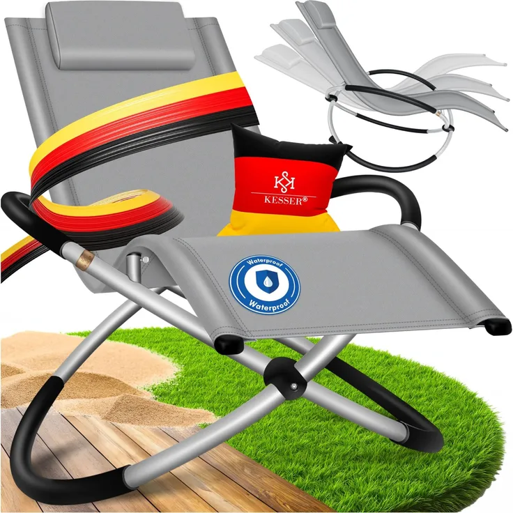 KESSER® Relaxliege Liegestuhl | Gartenliege Sonnenliege | Gartenstuhl | Klappstuhl faltbar | Schwungliege | Schaukelsessel | ergonomische Relaxsessel | wetterfest | 180 kg Belastung (Grau)