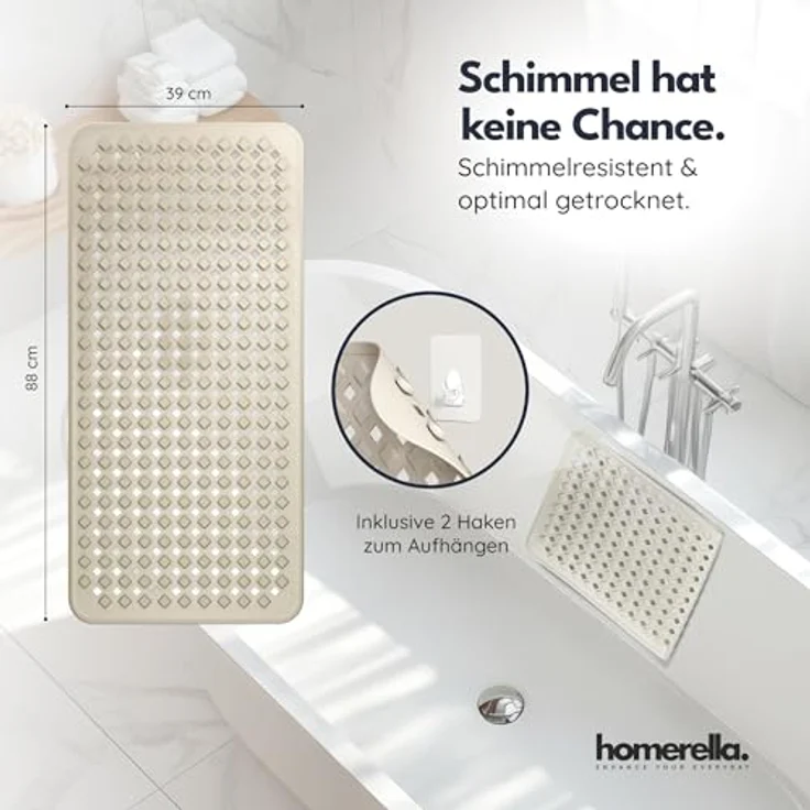 Homerella Badematte rutschfest Hautsensitiv 88x39cm, INKL. AUFHÄNGUNG, Antirutschmatte Badewanne BPA frei, Duschmatte schimmelresistent & maschinenwaschbar – Bild 4