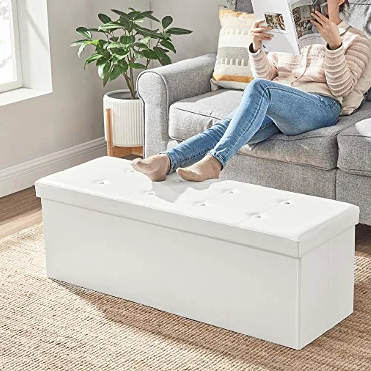 Songmics Sitzbank mit Stauraum, Truhe mit Deckel, faltbares Sitzmöbel am Bettende, gepolstert, platzsparend, 120 L Fassungsvermögen, stabil bis 300 kg, Schlafzimmer, Flur, weiß LSF702 – Bild 9