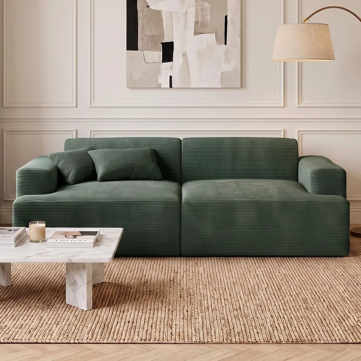 skølm 'Freki' Cloud Sofa 2 Sitzer, Vollschaumcouch mit Federkern und Vakuum-Kompression, kein Aufbau erforderlich, mit 2 Kissen, Cord dunkelgrün – Bild 1