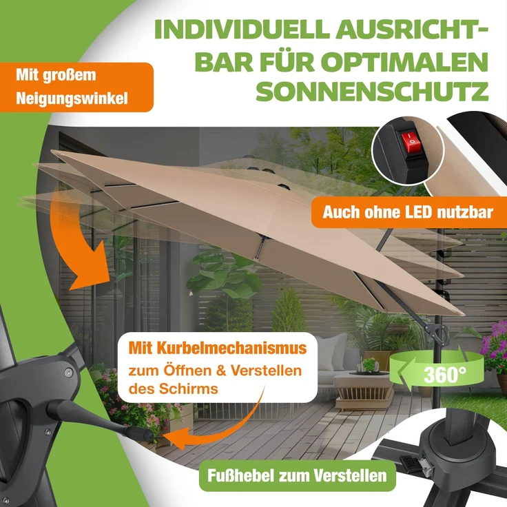 KESSER® Sonnenschirm Ampelschirm SUN XL 300 x 300 cm Inkl. Abdeckung +Windsicherung Drehbar Neigbar Kippbar Marktschirm Groß 360° Rotation, Gartenschirm mit Kurbel Sonnenschutz UV50+ Taupe, Mit LED – Bild 5