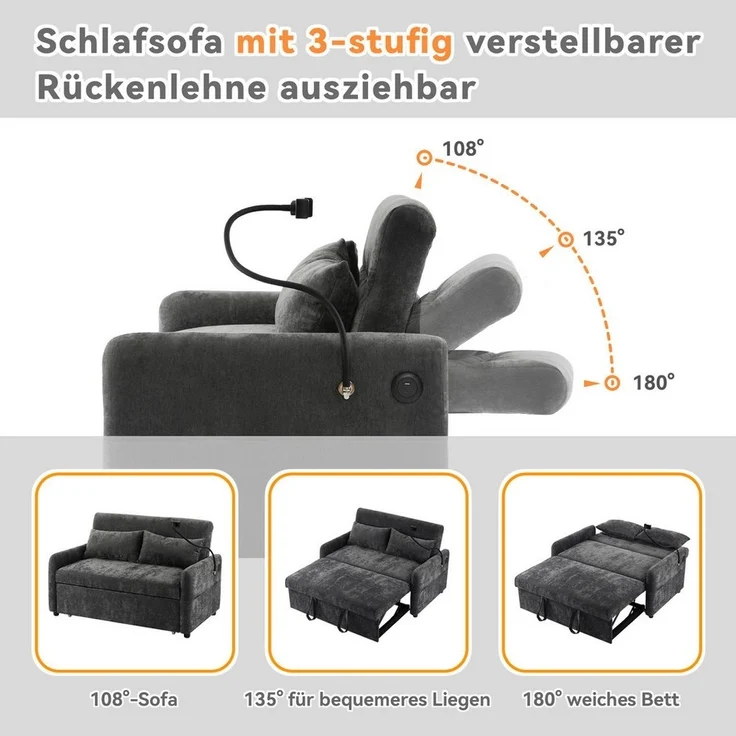 Merax Schlafsofa mit 3-in-1 Bettfunktion, Loungesessel mit USB und Handyhalter, Schlaffunktion und viel Stauraum – Bild 3