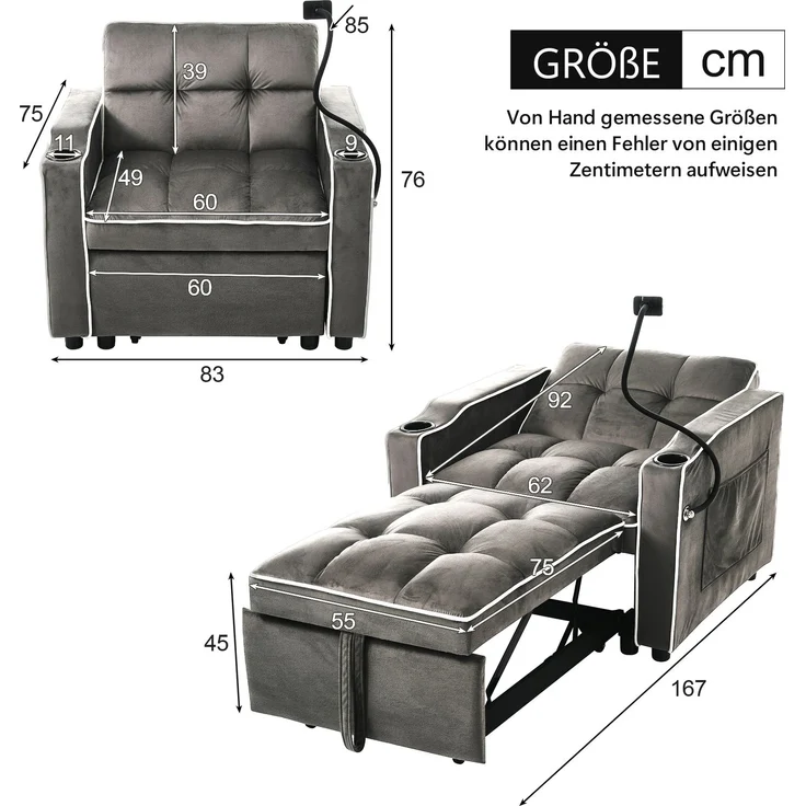 Schlafsofa mit Getränkehalter und Handyhalterung,Verstellbarer Sessel, Sofa-Liegestuhl und Gästebett in einem, Samtbezug Dunkelgrau – Bild 7