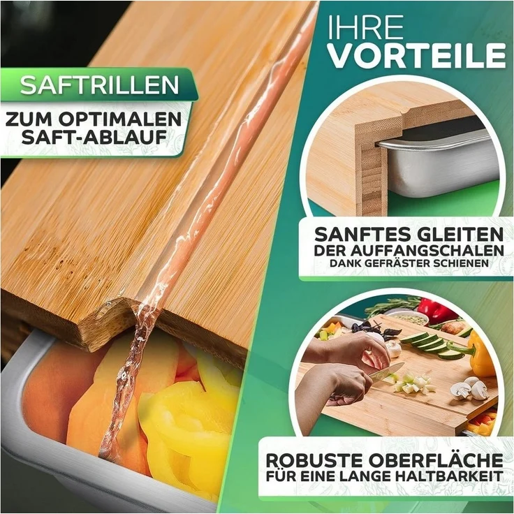 Loco Bird Schneidebrett mit Auffangschalen - 43x30x7cm groß -, Bambus, (Küchenbrett aus Bambus, 1-St, mit 2 Schalen aus Edelstahl), Ideales Küchenhelfer Gadget Set für die Küche – Bild 2