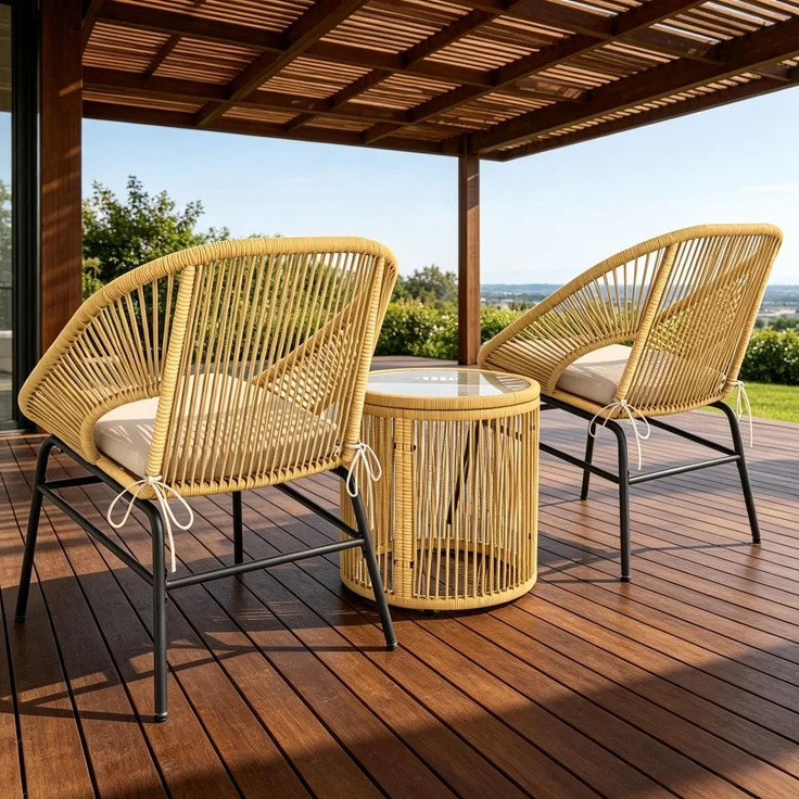 Balkon-Tischgruppe, Tisch H 47 x Ø 45 cm, Stahl und gehärtetes Glas, mit 2 Stühlen – Bild 3