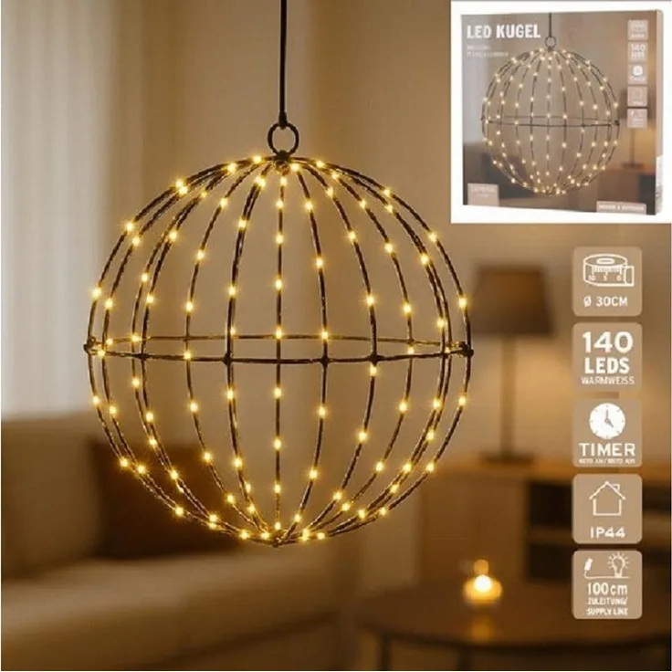 mucHome LED Kugelleuchte LED Metall Lichterkugel Ø20 cm, 100 warmweiße LEDs mit Timer, Batterie