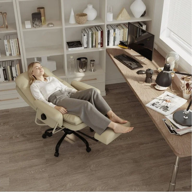 FLEXISPOT Drehstuhl 3-in-1 Ergonomischer Relax- & Bürostuhl mit 160° Liegefunktion (Ausziehbarer Fußstütze, Dickem PU-Komfortpolster und Höhenverstellung), Ideal zum Arbeiten, Entspannen & Mittagsschlaf Beige – Bild 2