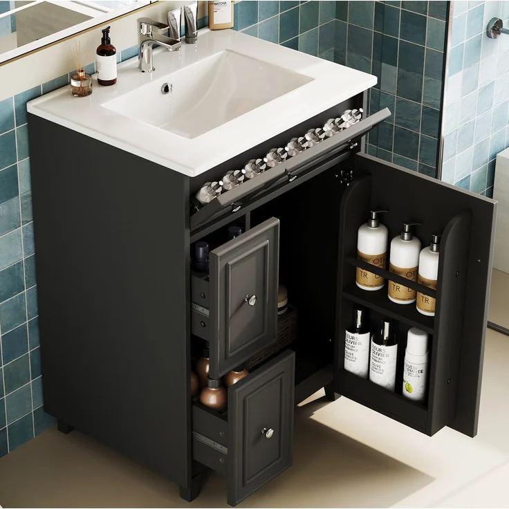 Waschtisch 61 x 47 x 87 cm mit Keramikbecken und Stauraum, Schwarz – Bild 2