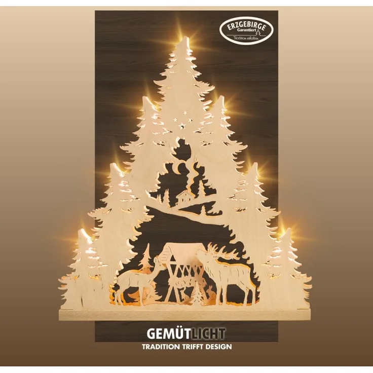 Weigla Lichterbogen Hirschfamilie, Lichterspitze aus Holz, NATUR, Made in Germany (1-tlg), Erzgebirge garantiert, Weihnachtsdeko Innen, Weihnachtsbeleuchtung