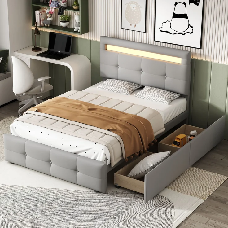 Polsterbett 90x200 cm mit LED-Beleuchtung und Schubladen – klassisches Design, höhenverstellbares Kopfteil – Bild 1