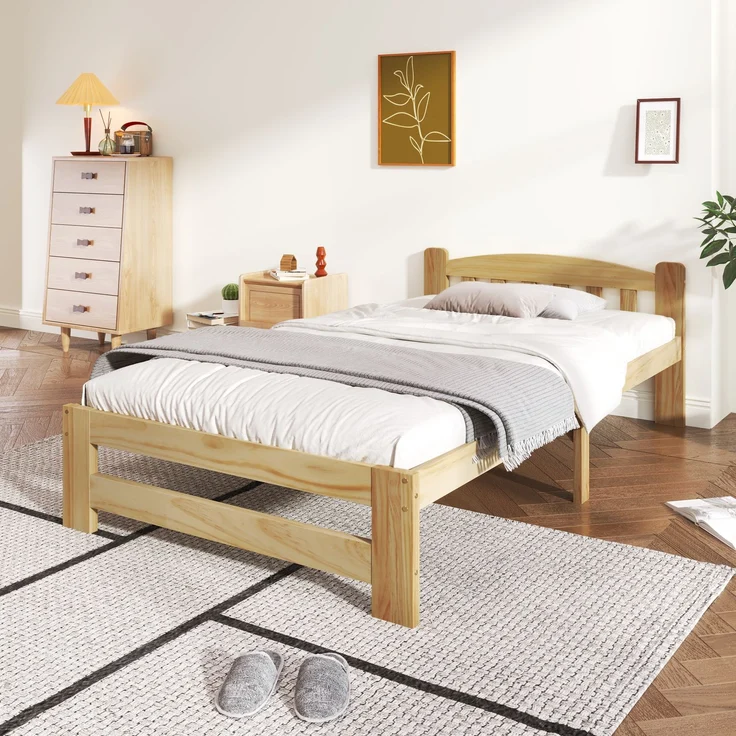 Solide Massivholzbett Futonbett, Einzelbett, Massivholz Natur Bett mit Kopfteil und Lattenroste, Jugendbett, Erwachsenenbett, Natur, 90x200 cm – Bild 3