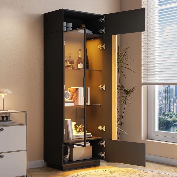 ZUBALIYA Vitrine (60 x 40 x 180 cm), LED - Beleuchtung, Glastüren, Aufbewahrung für Sammlerstücke, Geschirr und Dekoration, Schwarz – Bild 2