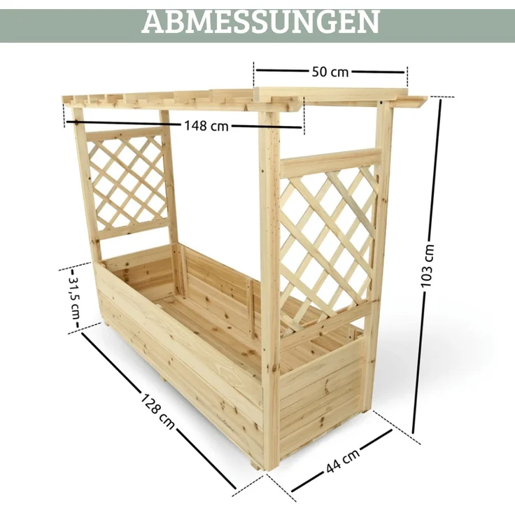 Hochbeet mit Rankgitter THAO - Inkl. Vlies & Handschuhe | Pflanzkasten mit Rankhilfe Blumenkasten für Kletterpflanzen hängende Körbe Pflanzgefäß aus Holz, 128cm Breit – Bild 2