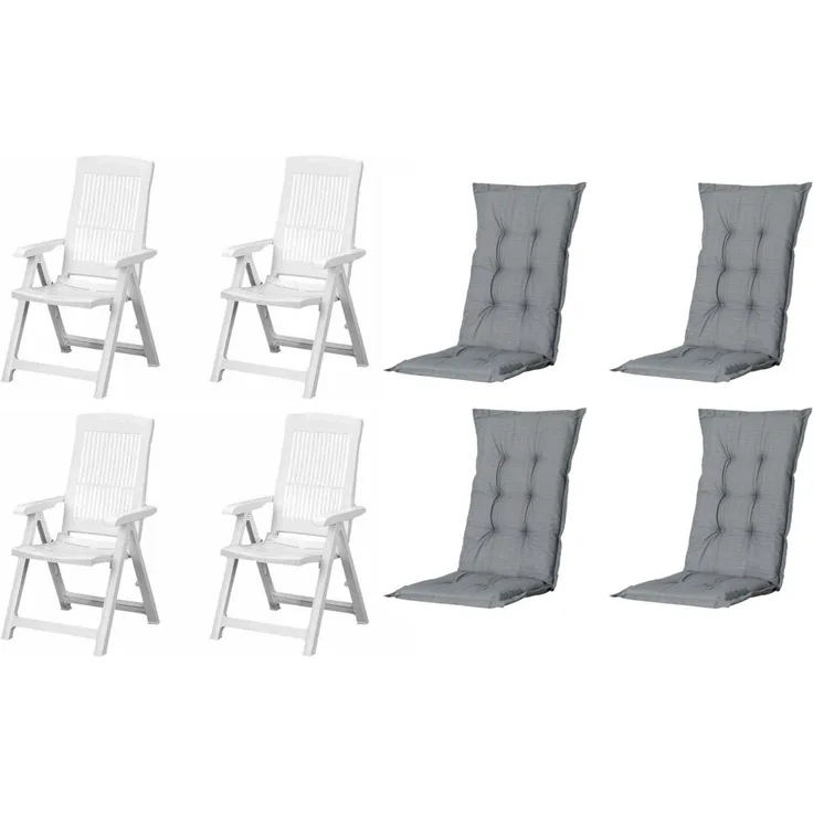 SET Tampa 4 x Klappsessel weiß, 4 x Auflage grau