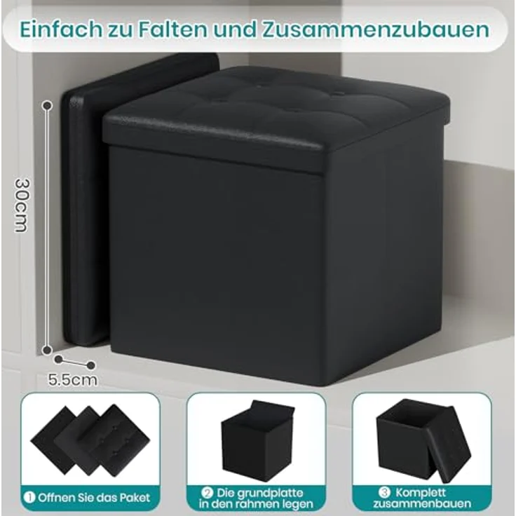 Oak & Tea PU Sitzhocker mit Stauraum, Hocker mit Stauraum, Sitzwürfel Klappbar, Aufbewahrungsbox Hocker, Kleine Sitzbank, Ottomane Sofa Fußhocker, für Wohnzimmer, Schlafzimmer, 30 x 30 x 30 cm, Schwarz – Bild 6