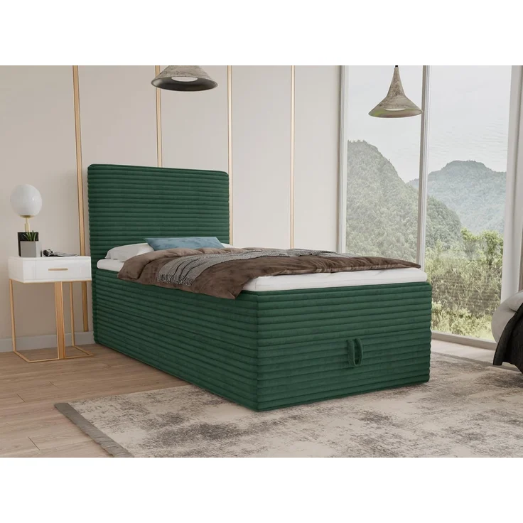 Boxspringbett Mollo Mini mit Bettkasten und Matratzentopper - Einzelbett mit Bonell-Matratze und Topper, Polsterbett in weichem Cordstoff, Bett, Schlafzimmer (Grün (Tilia 39), 90 x 200 cm) – Bild 2