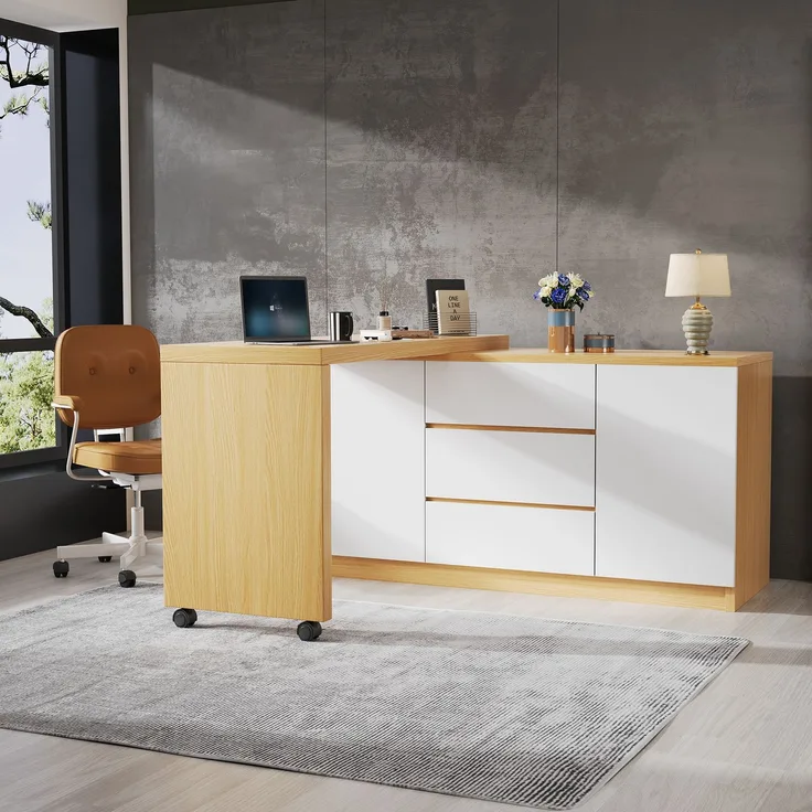Schreibtisch mit feststellbaren Rollen – multifunktionales Design, 4 cm dickere, drehbare Tischplatte, fest arretierbar, weiß/Eiche, Faltbarer Schreibtisch, Eckschreibtisch, Sideboard,Dicke Materialie--Eiche, Weiß2--120x50x76.5cm--YOUDENOVA