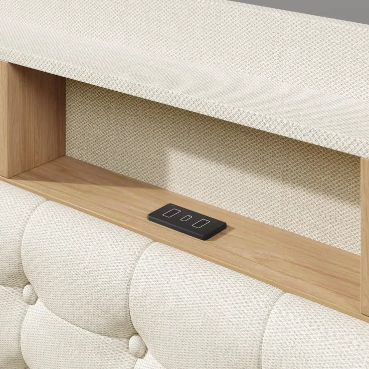 Polsterbett mit LED-Streifen, Type-C, USB und Stauraum, in schwebender Optik, gepolsterter Kopfteil, 180x200 cm, Doppelbett, Stauraumbett, Leinen – Bild 10