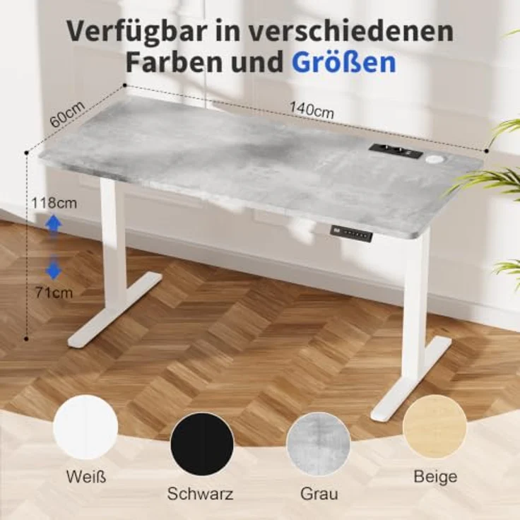 JUMMICO Höhenverstellbarer Schreibtisch 140x60 cm mit Steckdose | Schreibtisch Höhenverstellbar Elektrisch Stehtisch, Steh-Sitz Tisch, Bürotisch Computertisch für Home Office, Steingrau – Bild 2
