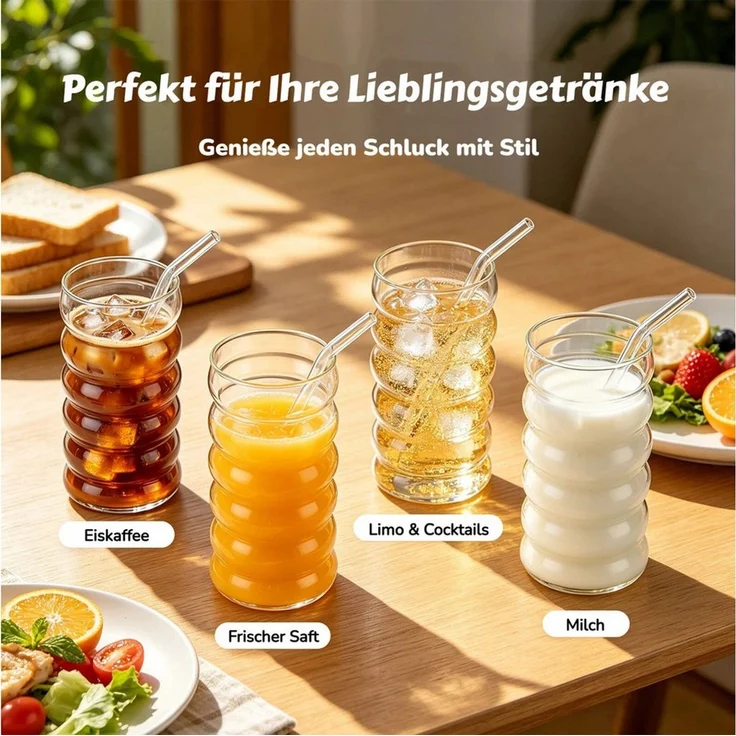 BlingBin Latte-Macchiato-Tasse Gerippte Trinkgläser Getränkegläser, Espressotassen Gläser Set, 4-tlg, Glas, Kaffeetassen Mit 4 Straws Für Cappuccino, Latte, Kaffee, Milch, 500ML – Bild 3
