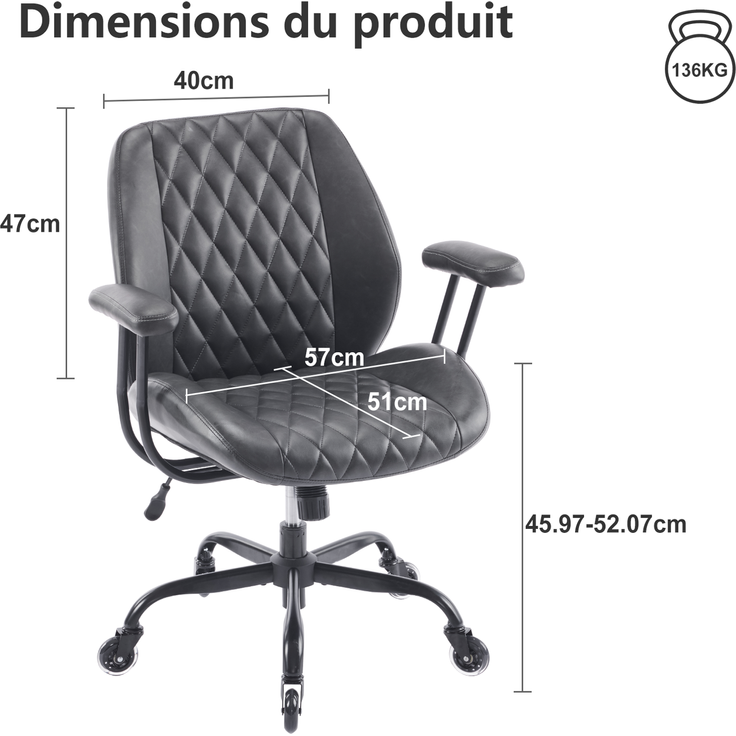 Bürostuhl aus Leder, ergonomisch & höhenverstellbar, 62x62x96 cm, Schwarz – Bild 3
