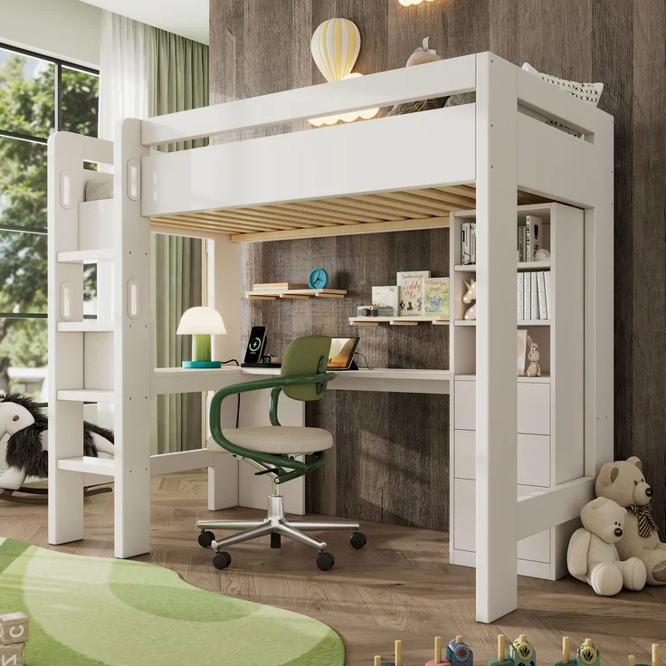 Hochbett Einzelbett mit Holzlattenrost, USB/Type-C Ladebereich, L-förmigem Schreibtisch, Regalen und Schubladen,ohne Matratze – Bild 3