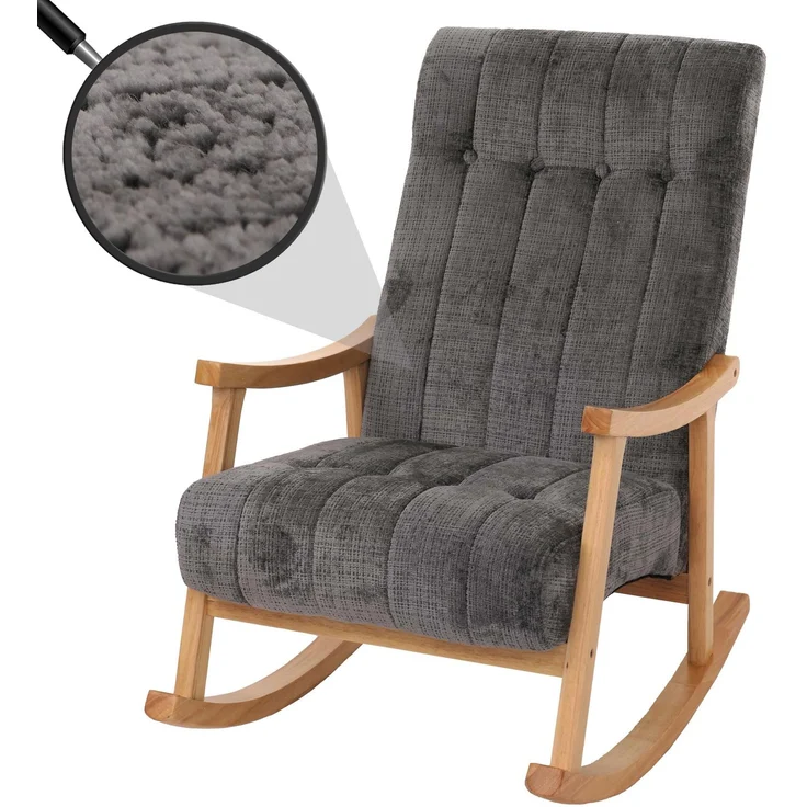 Schaukelstuhl HWC-K10, Relaxsessel, Holz FSC® Stoff/Textil Chenille (465g/m²) ~ dunkelgrau, Gestell natur – Bild 1