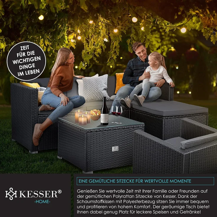 KESSER® Polyrattan Lounge Aruba – Gartenlounge für 4-5 Personen Gartenmöbel-Set Sitzgruppe aus 3er Gartensofa, Sessel, Hocker und Beistelltisch mit Sitzkissen - für Garten, Terrasse und Balkon Anthrazit – Bild 6