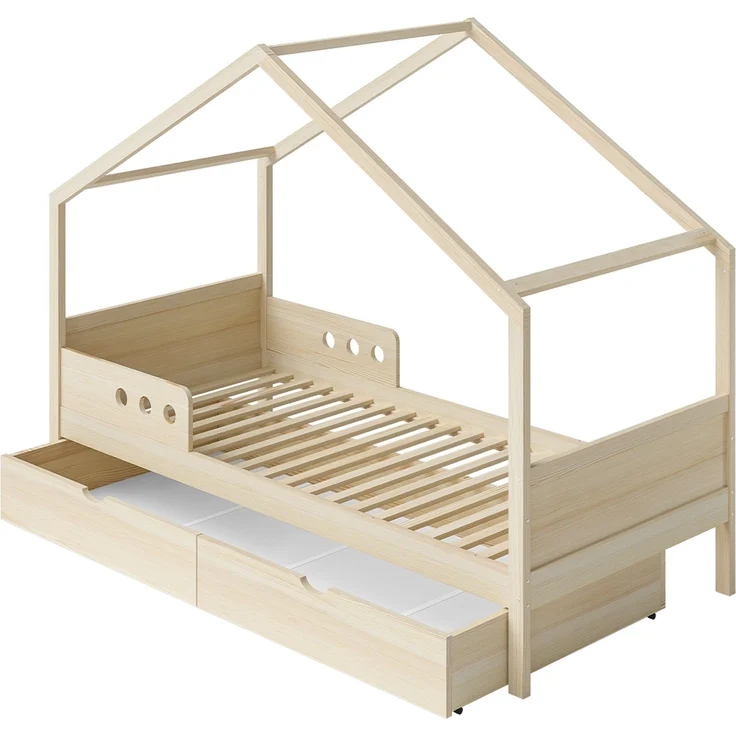 Bellabino 'Bela' Hausbett 90x200 cm mit großer Schublade, natur, Kiefer Massivholz, Montessori Kinderbett mit Stauraum, inkl. Rausfallschutz und Lattenrost – Bild 2