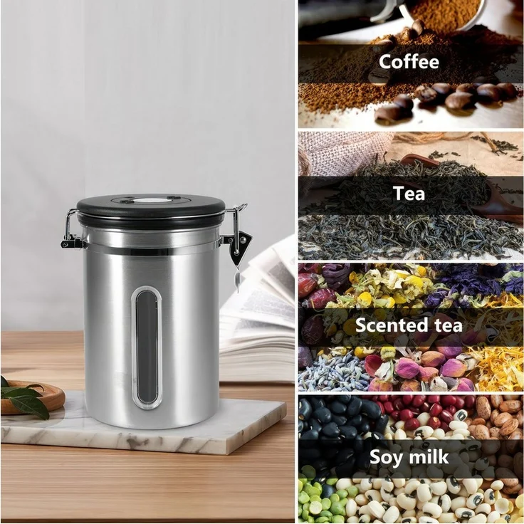 BlingBin Kaffeedose 1,8/2,8L Edelstahl Kaffeebohnen Vorratsdose,Luftdichte Kaffeebehälter, Edelstahl, (1er Set, 1-tlg, 11.8*18.6 cm), Kaffeedose mit CO2-Ventil, Messlöffel & Datumsanzeige für Nüsse Kakao – Bild 3