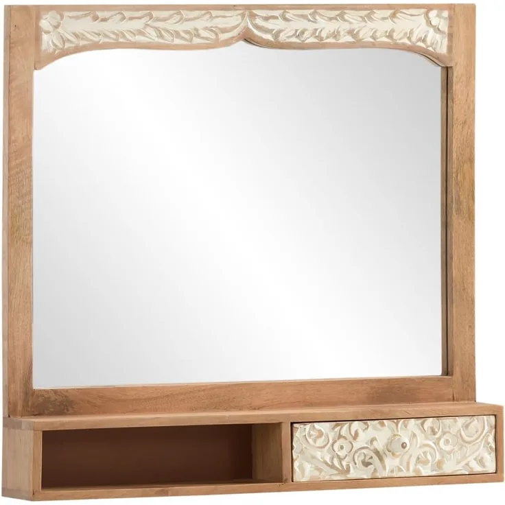 Spiegel Delhi 80cm Massivholz mit Ablage und Schubkasten